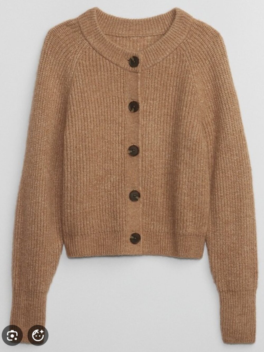 GAP Camel Ribbed Crewneck Button Front Cardigan Sweater - Brown Shaker Stitch